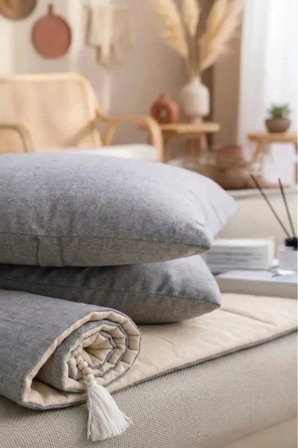 Double-Sided Linen Sofa Pad / Mattress [with Throw Pillow] - Anthracite-Cream