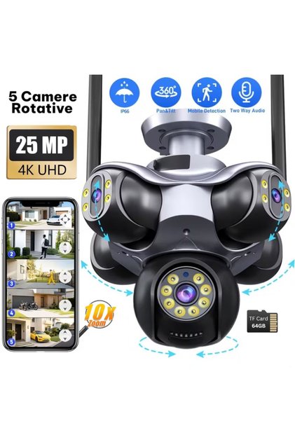 WiFi камера за наблюдение с 5 обектива, 25 MP, 360 ° Въртящи се камери, 4K Ultra HD, PTZ, Нощно виждане