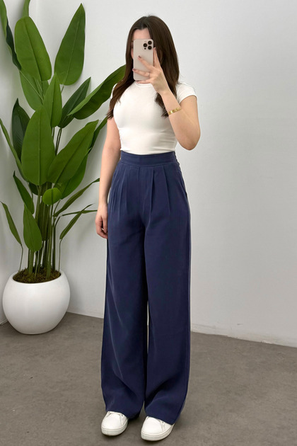 Women's Navy Blue Tensel Relaxed Pants with Elastic Waist and Draped Pleated Detail