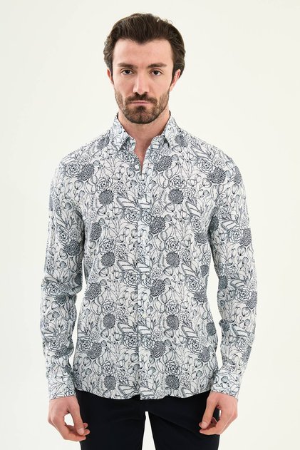 Patterned Slim Fit Long Sleeve Men's Shirt Navy Blue - 27126.26Y