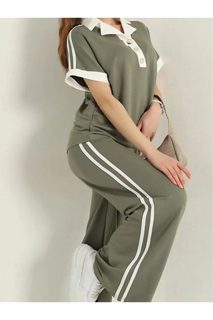 Polo Collar Side Striped Short Sleeve Wide Leg Sweatpants Set