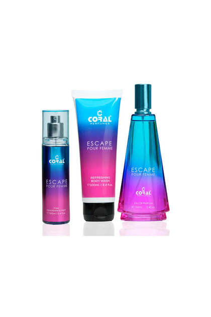Coral Escape Pour Femme Gift Set For Women | Eau De Parfum, Fragrance Mist, Bodywash (100ml Each) | Luxurious & Long-Lasting Fruity Floral Scent | Perfume Set by