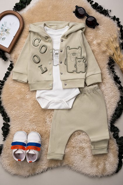 1029 Embroidered 100% Cotton Baby Boy 3-Piece Set 3-6-9 Months Compact Combed Cotton