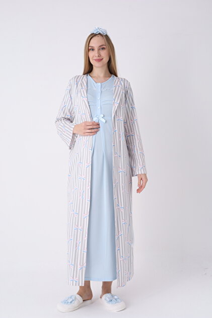 BLACKMORE Women's Blue Cotton Striped Bow Detailed Full Length Maternity  Nightgown-Dressing Gown Set of 2- Trendyol