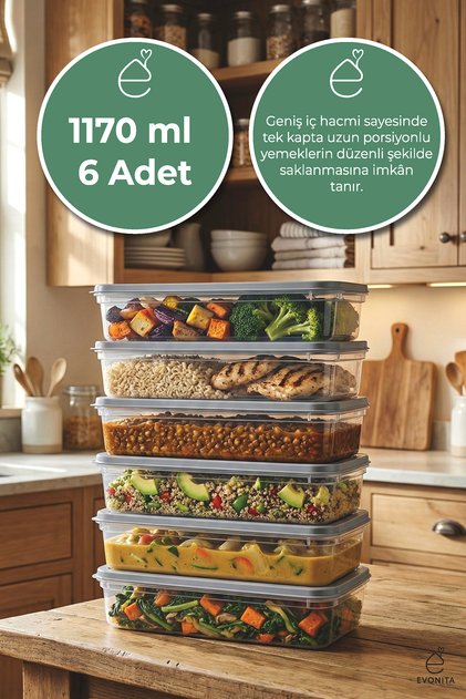 EVONİTA 6 Adet 1170 ml Uzun Saklama Kabı Seti Kapaklı İnce