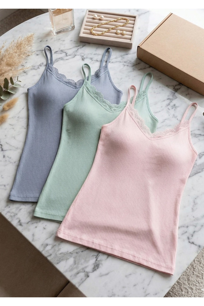 Women's 3-Pack 95% Cotton Ribbed Tank Top Set - Lace Detailed, Breathable & Soft Texture