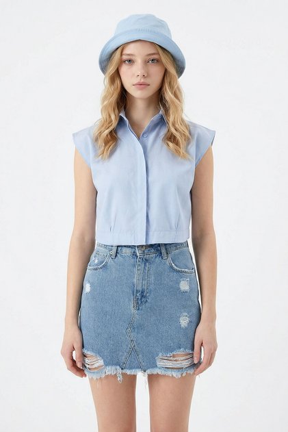 Women's Blue Sleeveless Summer Poplin Woven Shirt