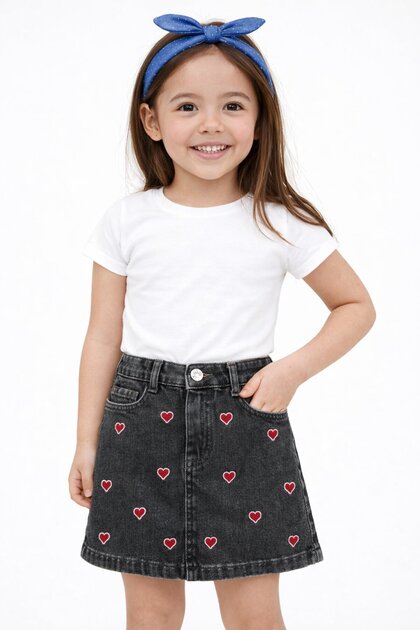 Girls' 5-8 Years Heart Embroidered Denim Skirt