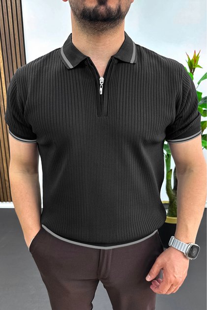 Men's Polo Neck Striped T-Shirt Black Edw472
