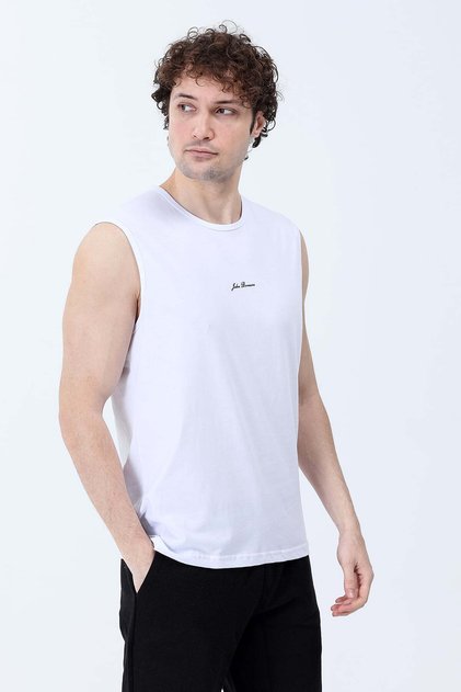 Erkek Bisiklet Yaka Baskılı %100 Pamuklu Kolsuz T-Shirt Beyaz - 26Y 2752
