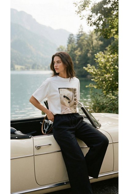 Ecru Oversize Crew Neck Printed Basic Short Sleeve Women's T-Shirt