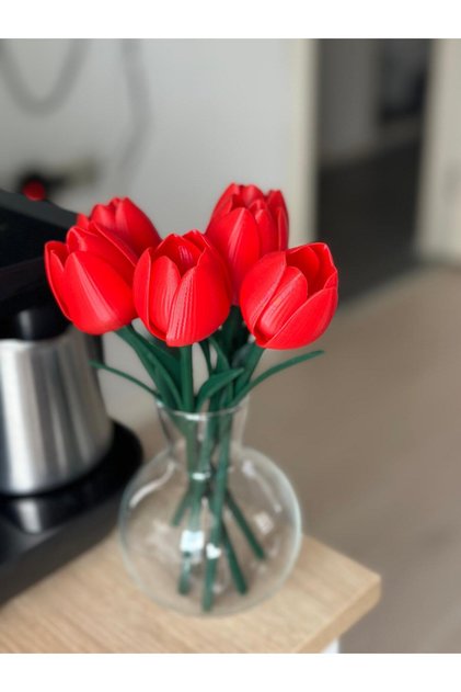 3D Yazıcı Üretimi Dekoratif Kırmızı Lale – Solmayan Modern Dekor Çiçek