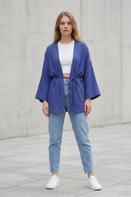 Kadın Mor Kimono Ceket Oversize Bağlamalı Salaş Yazlık Kimono Hırka