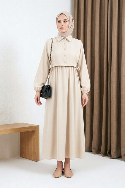 Shirt Detailed Long Dress Set - Light Mink