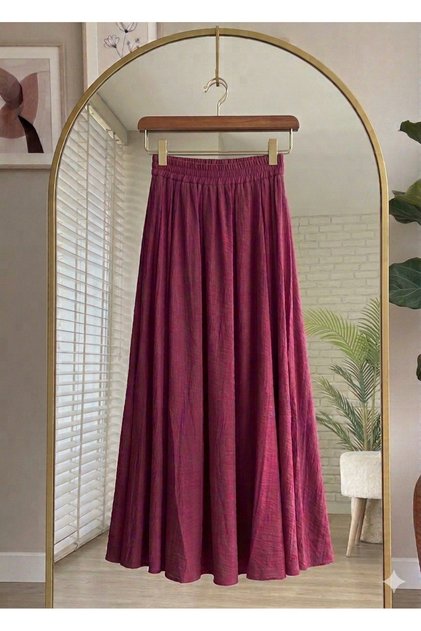 High Waist Elastic Waist Strawberry Fabric Long Summer Burgundy Skirt with Pockets