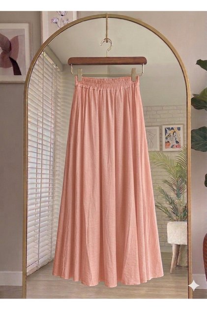 Yüksek Bel Beli Lastikli ÇİLEK Kumaş Cepli Uzun Yazlık Pembe Etek