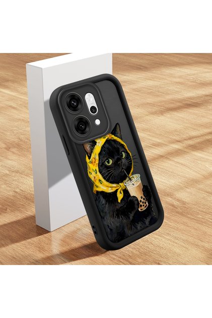 Oppo Reno14 Pro Compatible Silicone Shock-Absorbing Phone Case with Milk Tea Cat Figure