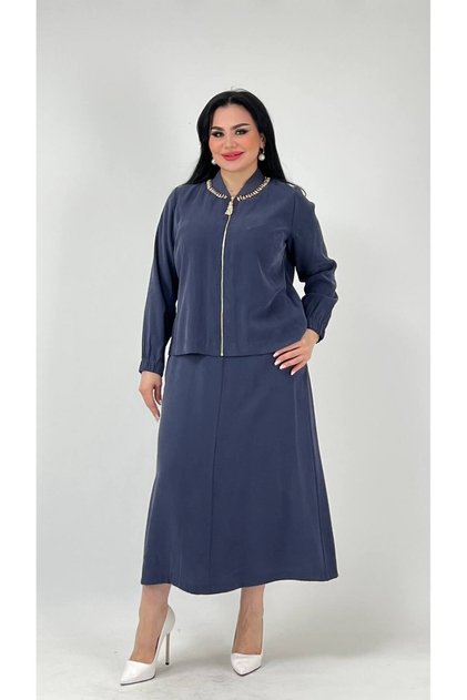Women's Plus Size Modal Blend Stylish Blouse Skirt Set Navy Blue