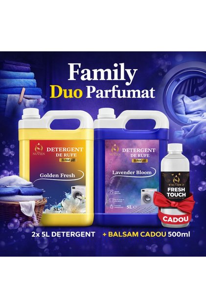 Family DUO – Pachet Detergent Rufe 2 x 5L, 1x Golden Fresh, 1x Lavender Bloom + Balsam de Rufe CADOU