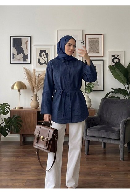 Women's Tie-Waist Casual Textured Long Tunic Shirt