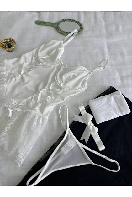 ACTRS Fancy Women's Romantic Costume with Garter Belt and Thong Stockings Nightgown Set- Trendyol ACTRS Fancy Women's Romantic Costume with Garter Belt and Thong Stockings Nightgown Set- Trendyol