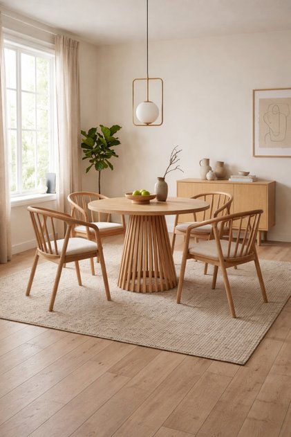 Pieza Yuvarlak 100 cm Doğal Sabit Ahşap Yemek Masası Takımı