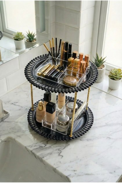 Foviva Black Cosmetic Jewelry Organizer Multi-Purpose Round Organizer 2-Tier Makeup Organizer