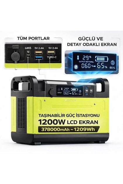 378.000MA TAŞINABİLİR GÜÇ İSTASYONU LCD EKRAN 1200W 2 GİRİŞLİ 1209WH LİFEPO4 PİL SOLAR ŞARJ DESTEKLİ