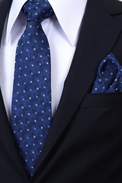 Hand Made 8 cm Geometric Micro Pattern Navy Blue Color Handkerchief Tie