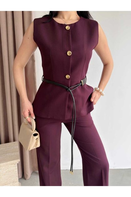 Round Neck Buttoned Belt Accessories Included Lined Vest Set Front Pleated Pocketed High Waist Trouser Suit