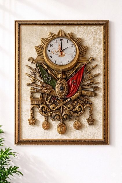 Osmanlı Devlet Arması Çerçeveli Duvar Saat Hediyelik Dekoratif Tablo 60 x 80