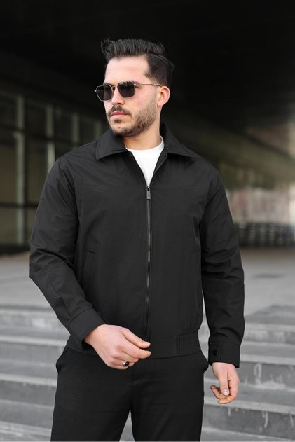 Erkek Siyah Bomber Ceket Slim Fit Fermuarlı Günlük Şık Mont