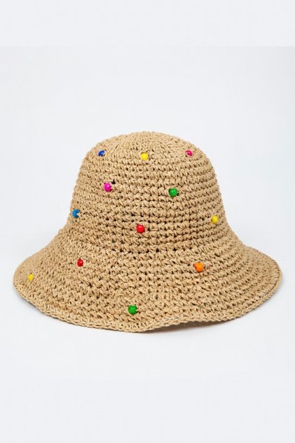 Women's Colorful Beaded Detailed Camel Straw Bucket Hat | Hand Knitted Summer Trend Bucket Style