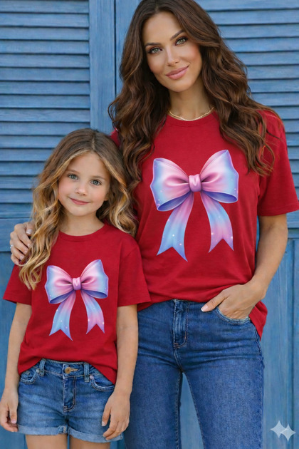 Mother Daughter Unisex Kids Combination Oversize T-Shirt Twin T-Shirt with Pink Ribbon Print (Single Price)