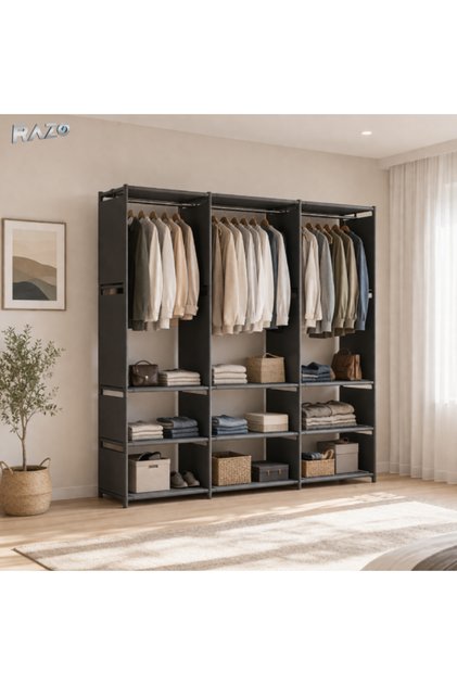 Dulap organizator haine cu rafturi si bara umerase, Design practic, Multifunctional, Negru