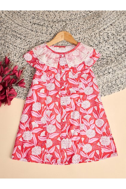 Girls Floral Print Lace Neckline Dress