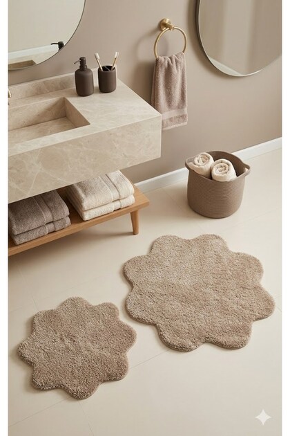 Shaggy Daisy Patterned Set of 2 Bath Mats 100X100 60X60 Non-Slip Base Washable Bath Set