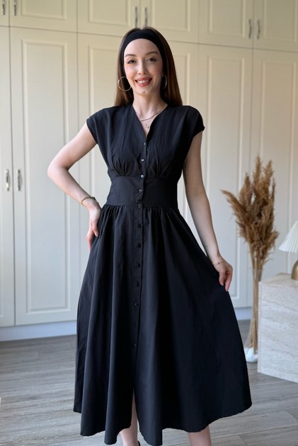 V-Neck Flounce Midi Black Dress with Waist Detail