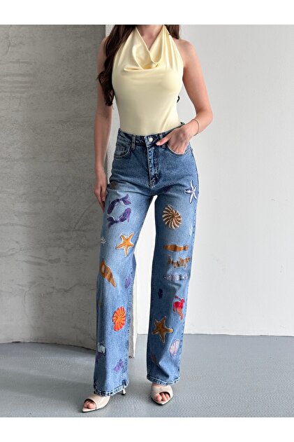 Safari Kadın Nakış Detaylı Yüksek Bel Wide Leg Jean - Fiyatı