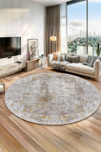 Gri Sarı Şönil Modern Eskitme Salon Mutfak Halısı Yuvarlak Yolluk