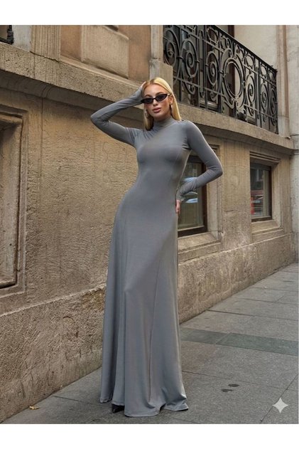 Women's Gray Half Turtleneck Long Stretchy Dress with Finger Detail