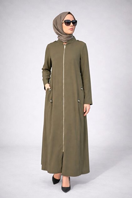26900 Full Length Zippered Coat with Button Accessory Detail