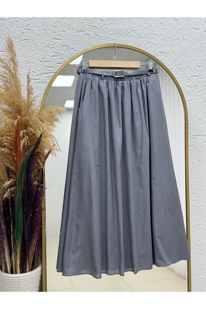 Wise Gathered Belted Voile Skirt-Ek747 Gray