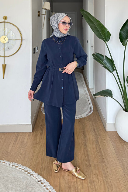 Savt Cupra Fabric Pencil Belted Hijab Set - Navy Blue