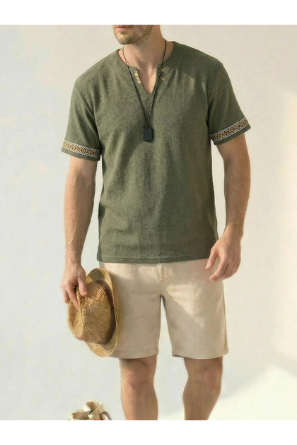 Oversize El İşi Detaylı Pamuk Keten Haki Tshirt