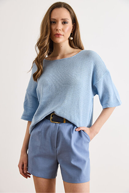 Women's Baby Blue Lace-Looking Cotton Blouse with Knitwear Blz-19003260