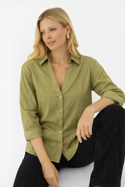Oil Green V-Neck Buttoned Women's Shirt – Relaxed Fit, Casual & Stylish Style