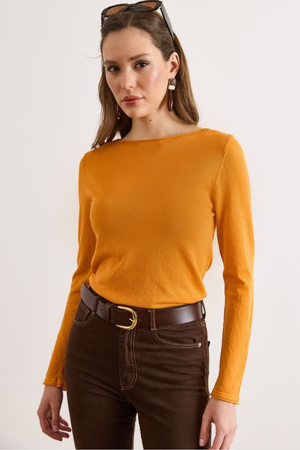 Women's Orange Boat Neck Transparent Seasonal Knitwear Blouse Blz-19003213