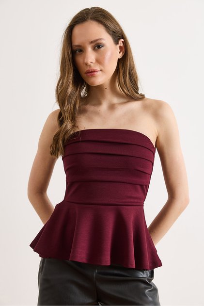 Women's Burgundy Drape Detailed Strapless Blouse Blz-19003311