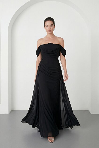Lafaba Women's Black Boat Neck Long Chiffon Evening Dress- Trendyol